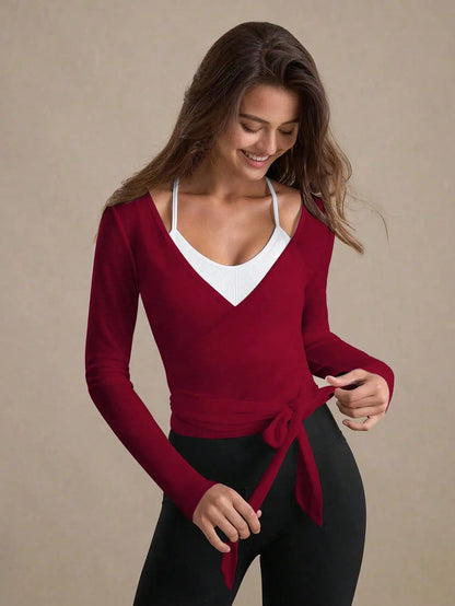 Eassivo Eassivo Women's Casual Lightweight Textured Tie-Front Long Sleeve Sports T-Shirt,