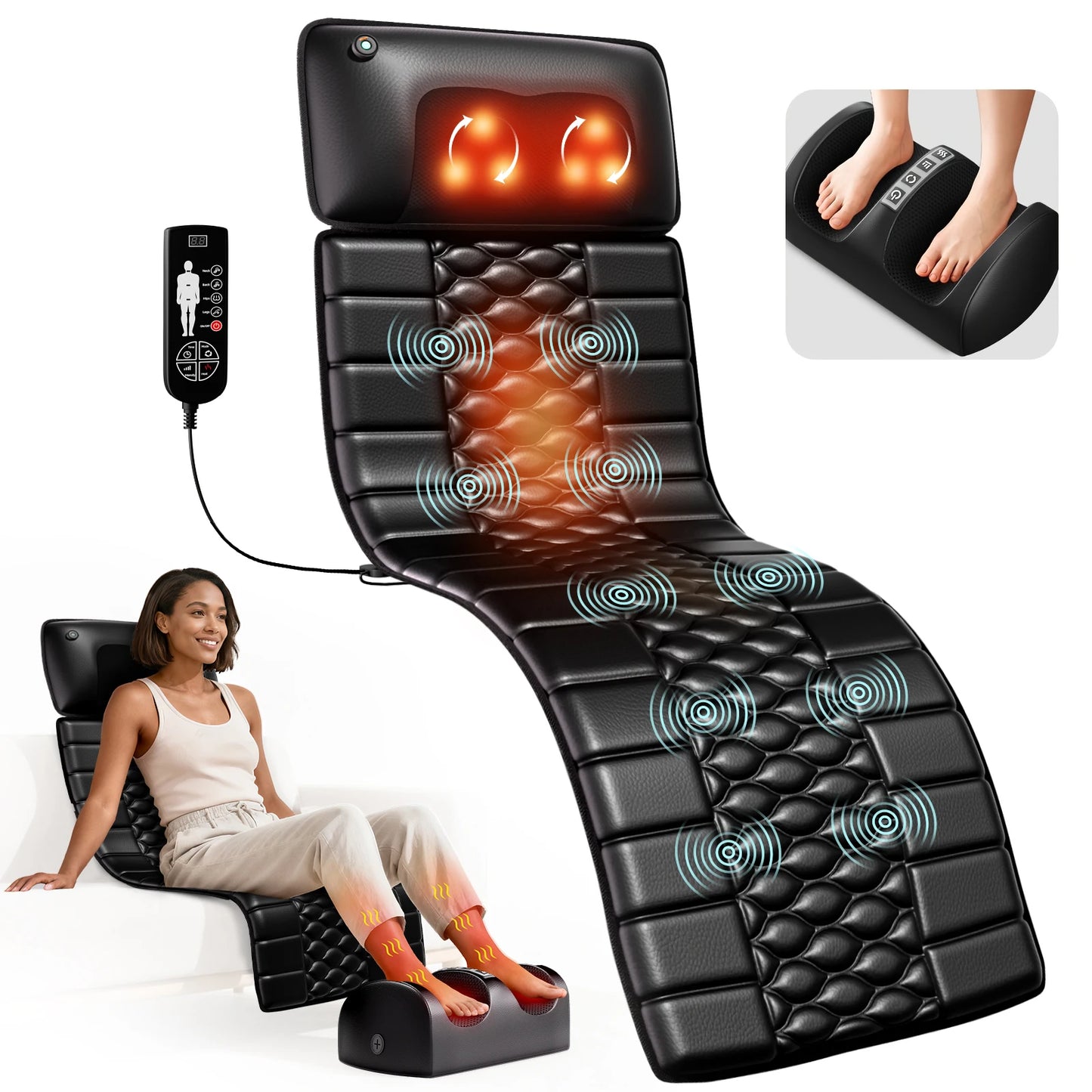 Shiatsu Full Body Massage Mat with Heat, 10 Vibrating Motors, 9 Intensity Levels, Relax at Home Office