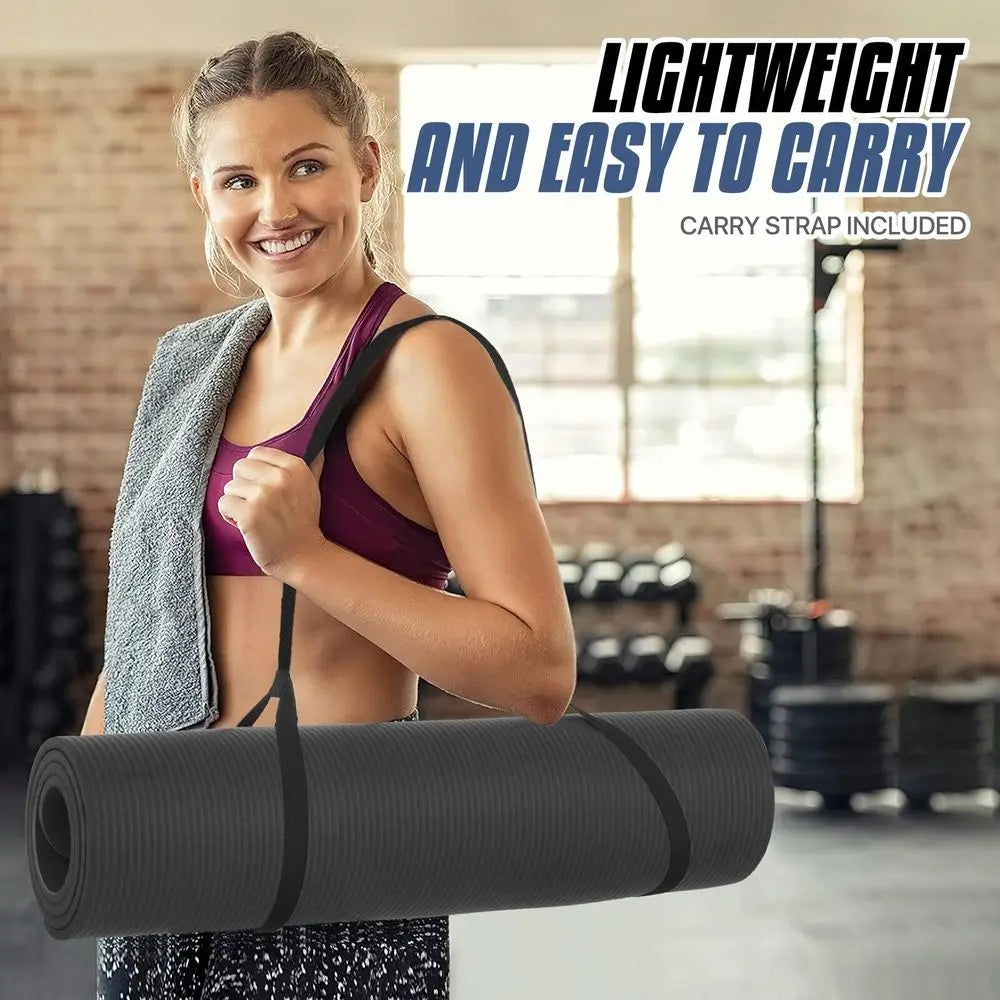 Thick Yoga Mat Floor Pad, High Density Foam Exercise Yoga Mat AntiTear With Carrying Strap, Black