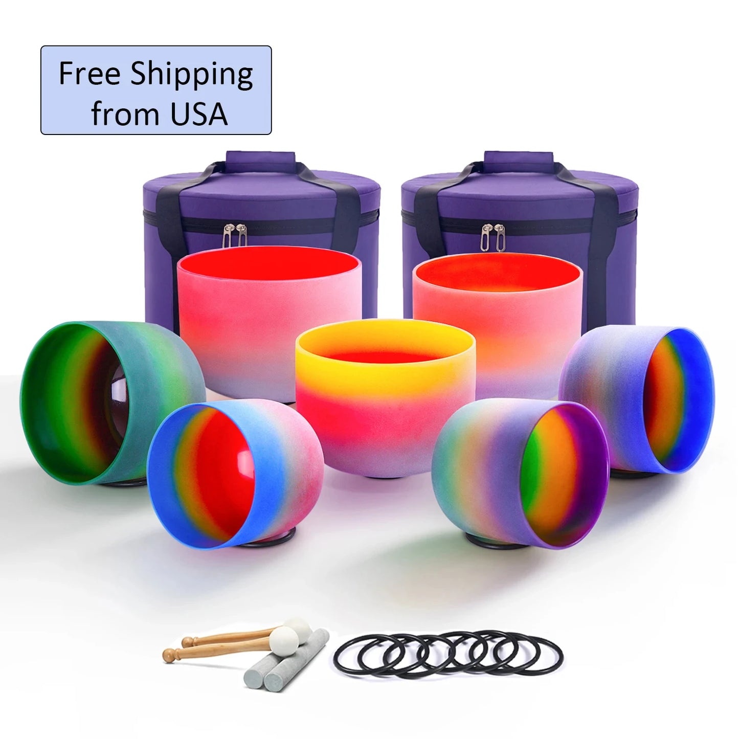 Chakra Set of 7 Crystal Singing Bowls for Yoga Musical Vibration