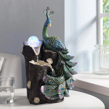 Elegant Peacock Waterfall Fountain with Rotating Glass Globe