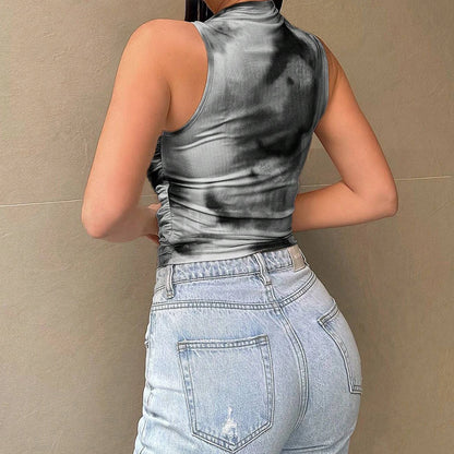 Women yoga vest casual summer sport Tie Dye Print Yoga Camisole Vest Sleeveless Mock Neck Tank Tops