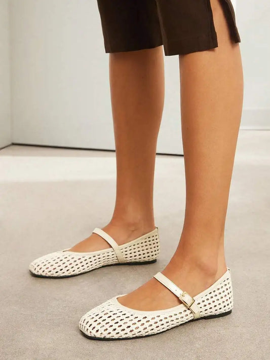 Women's Casual Woven PU Square Toe Comfortable Mary Jane Ballet Flat