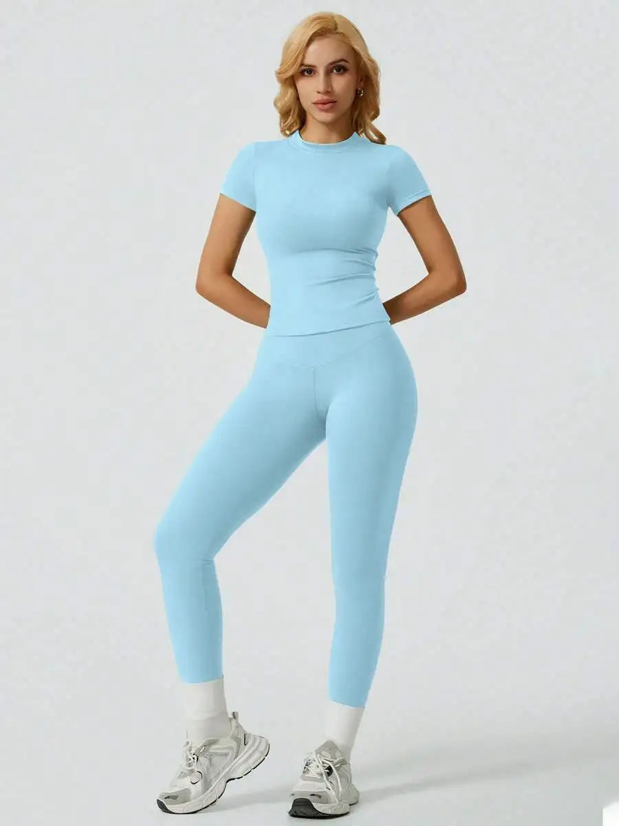 Women's Casual Short Sleeve Top And Long Pants Yoga/Fitness Set Summer