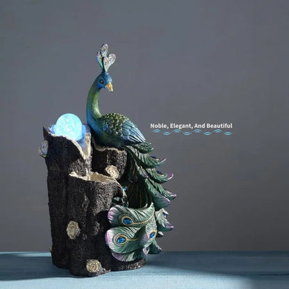 Elegant Peacock Waterfall Fountain with Rotating Glass Globe