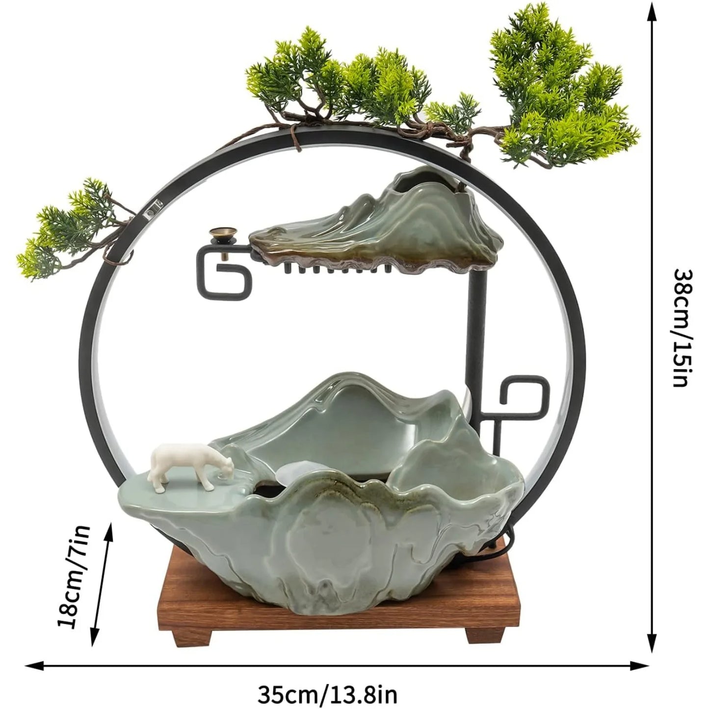 Tabletop Water Fountain Waterfall with Round Led Light Mist Maker & Incense Holder