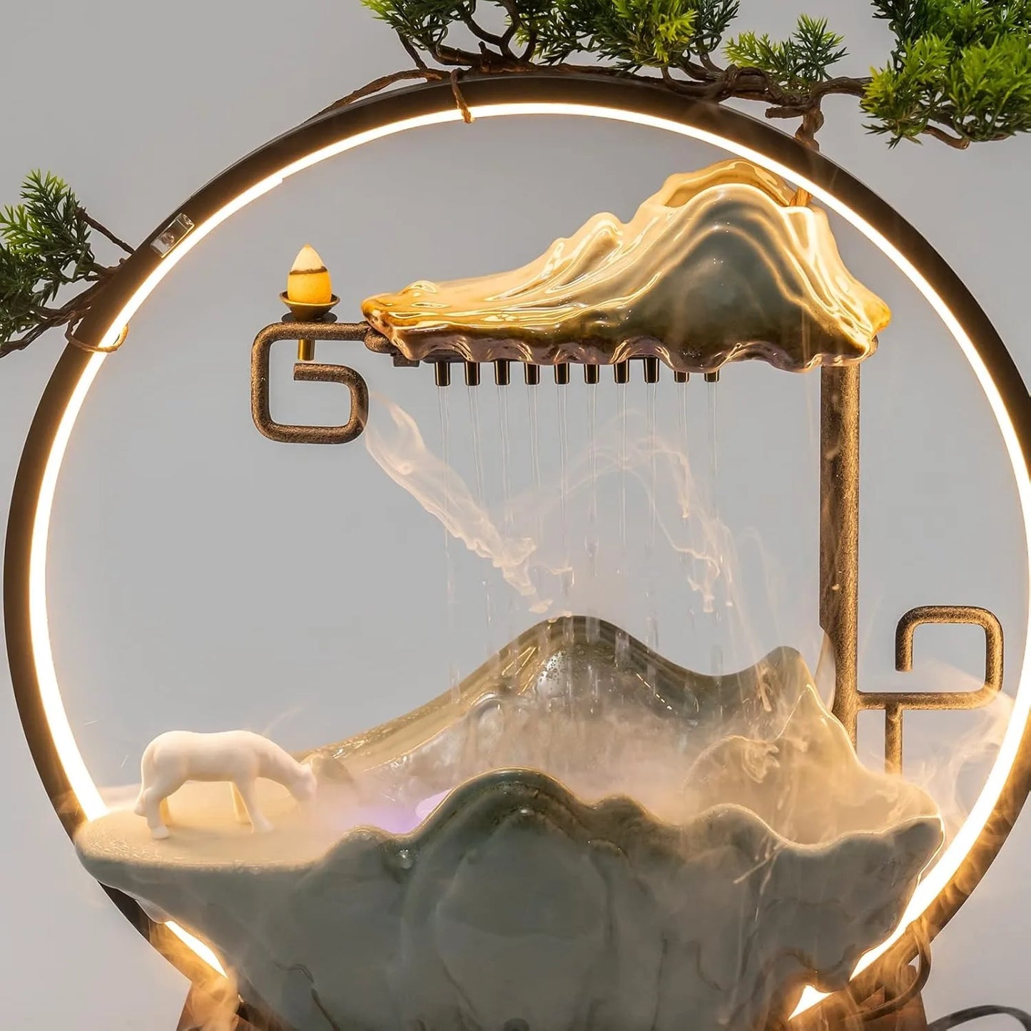 Tabletop Water Fountain Waterfall with Round Led Light Mist Maker & Incense Holder