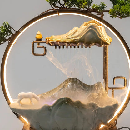 Tabletop Water Fountain Waterfall with Round Led Light Mist Maker & Incense Holder