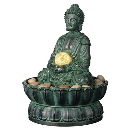 Sitting Buddha Fountain: a lighted vision of inner peace