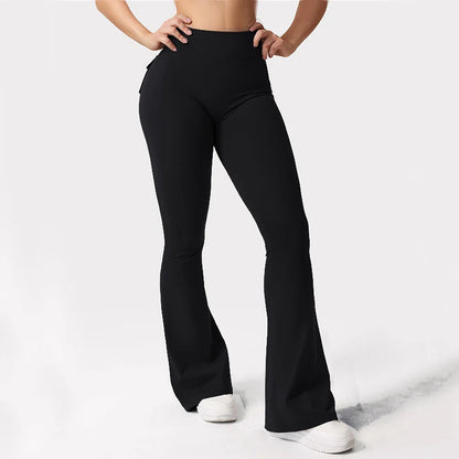 Women's High-Waisted Tummy-Control Yoga Trousers, Outdoor Casual Flare Leggings with Pockets