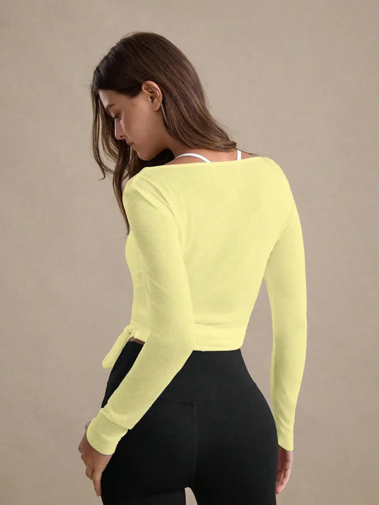 Eassivo Eassivo Women's Casual Lightweight Textured Tie-Front Long Sleeve Sports T-Shirt,