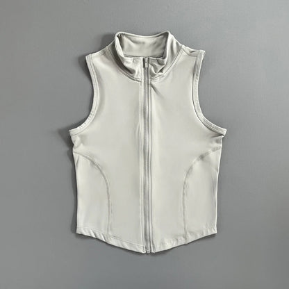 Quick Dry Stand Collar Sleeveless Zipper Sports Crop Top Fitness Vest for Gym Running Exercise