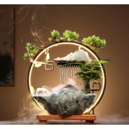 Tabletop Water Fountain Waterfall with Round Led Light Mist Maker & Incense Holder