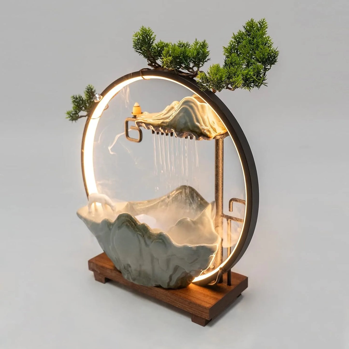 Tabletop Water Fountain Waterfall with Round Led Light Mist Maker & Incense Holder