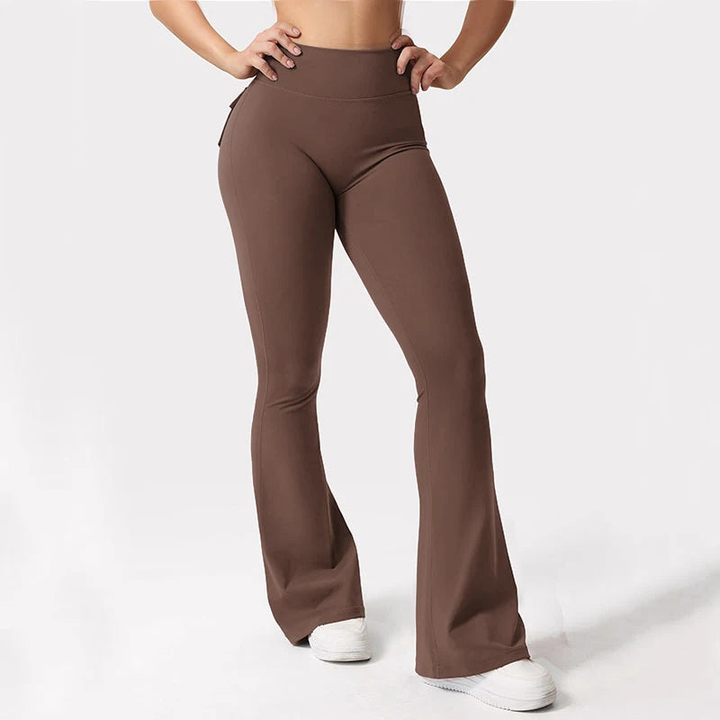 Women's High-Waisted Tummy-Control Yoga Trousers, Outdoor Casual Flare Leggings with Pockets