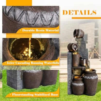 6-Tiers Indoor/Outdoor Water Fountain Cascading Garden Fountains with LED Lights