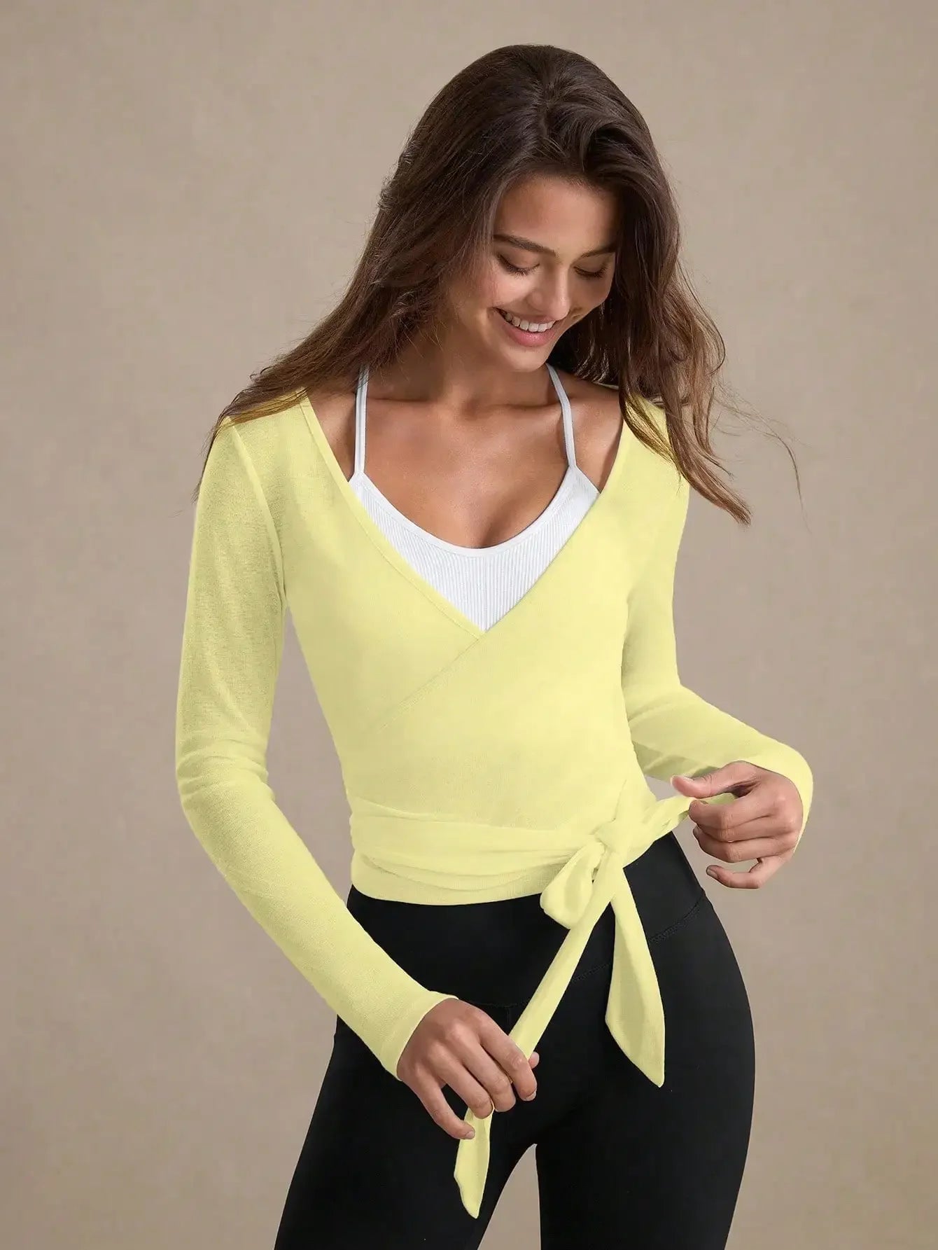 Eassivo Eassivo Women's Casual Lightweight Textured Tie-Front Long Sleeve Sports T-Shirt,
