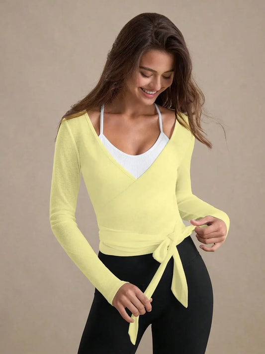 Eassivo Eassivo Women's Casual Lightweight Textured Tie-Front Long Sleeve Sports T-Shirt,