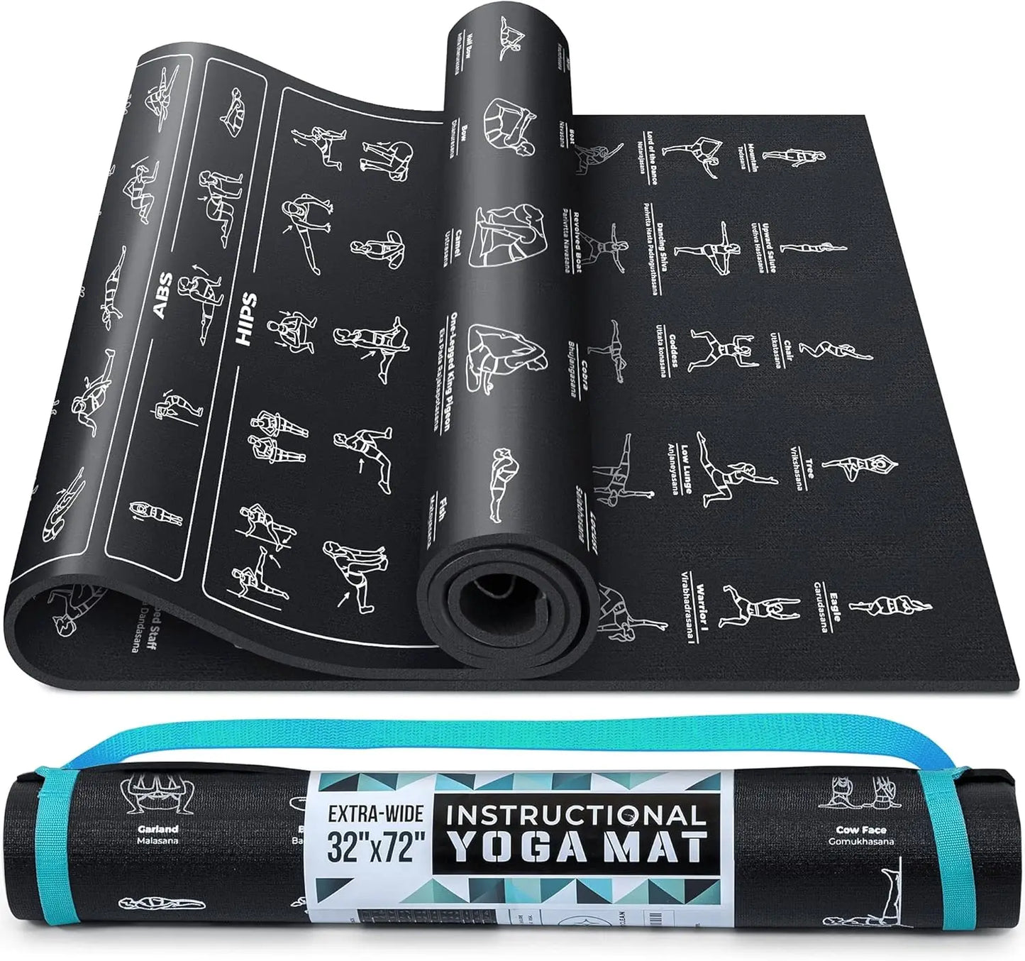 Non-Slip, Eco-Friendly Instructional Yoga Mat with Carrying Strap: Illustrated Poses & Exercises,