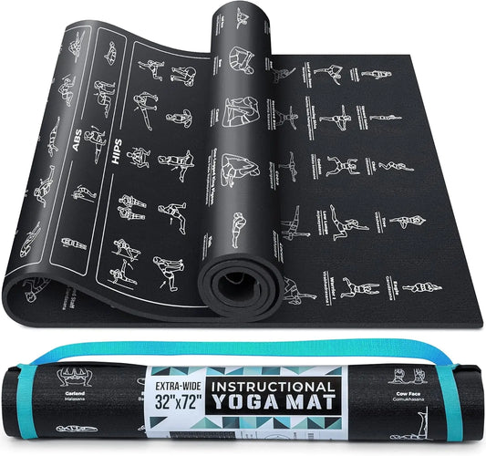 Non-Slip, Eco-Friendly Instructional Yoga Mat with Carrying Strap: Illustrated Poses & Exercises,