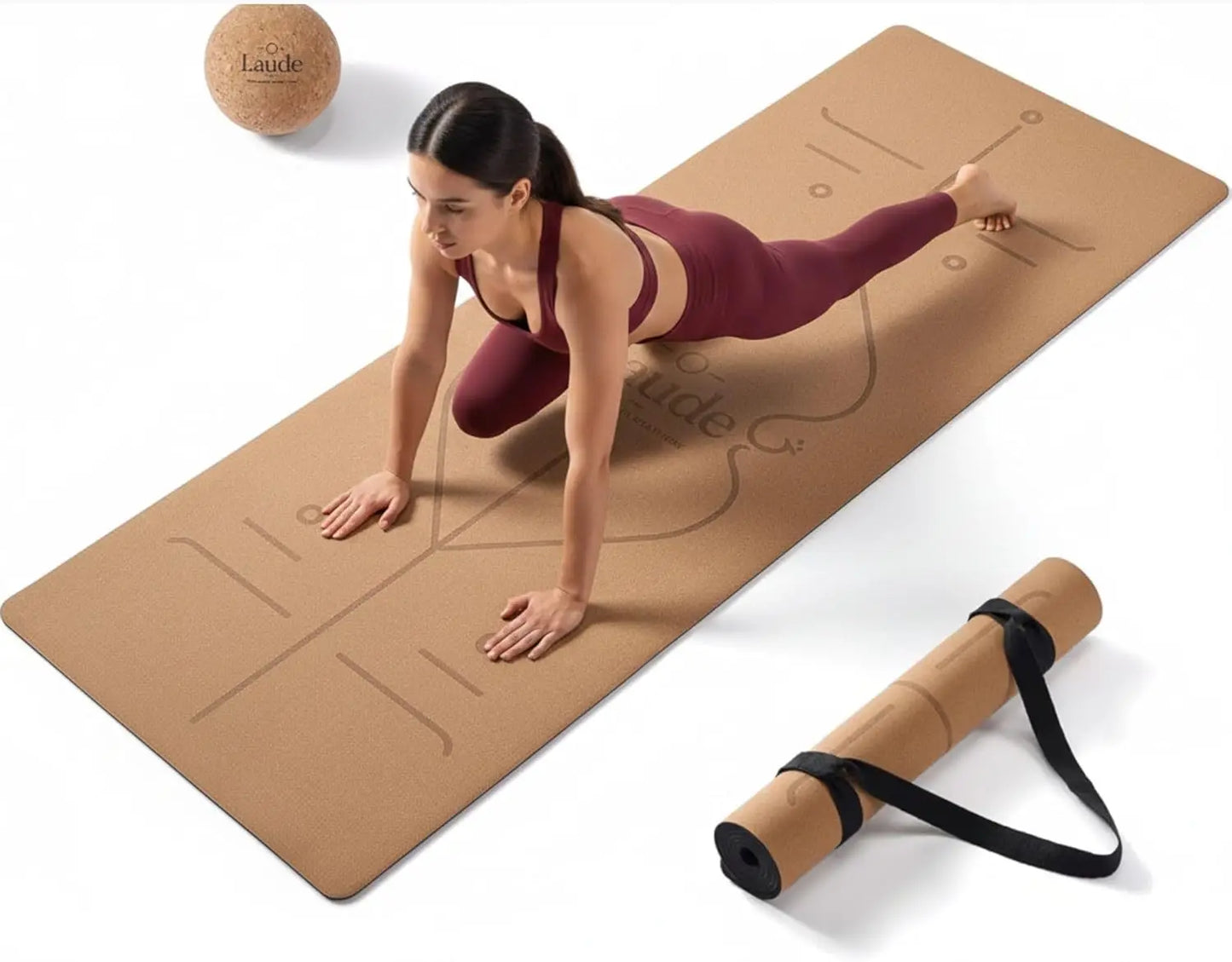 Eco-Friendly Non-Slip Cork Yoga Mat, Thick Cushioning, Alignment Lines