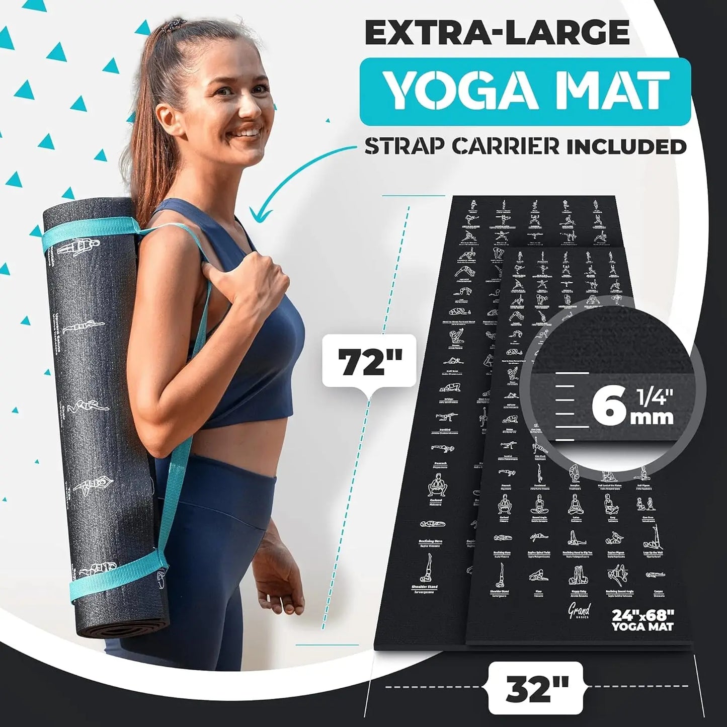 Non-Slip, Eco-Friendly Instructional Yoga Mat with Carrying Strap: Illustrated Poses & Exercises,
