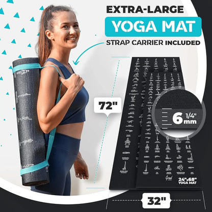 Non-Slip, Eco-Friendly Instructional Yoga Mat with Carrying Strap: Illustrated Poses & Exercises,