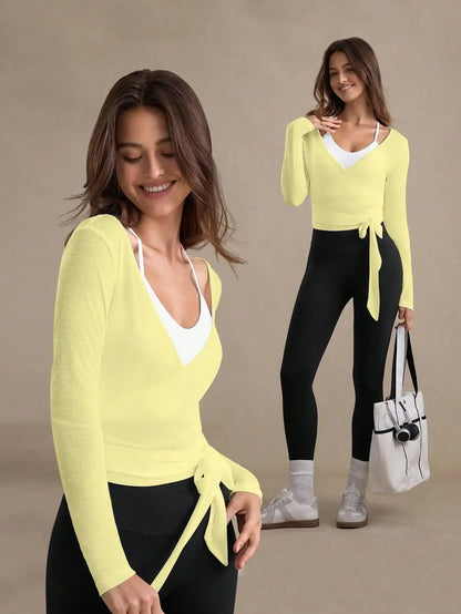 Eassivo Eassivo Women's Casual Lightweight Textured Tie-Front Long Sleeve Sports T-Shirt,