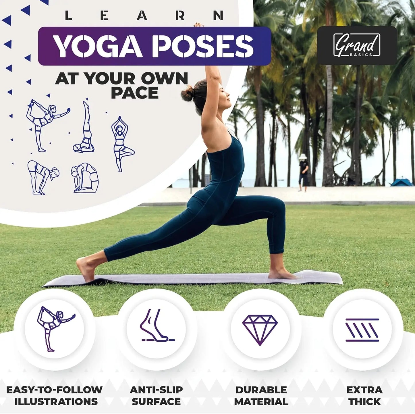 Instructional Yoga Mat with Illustrated Poses & Stretching Exercises