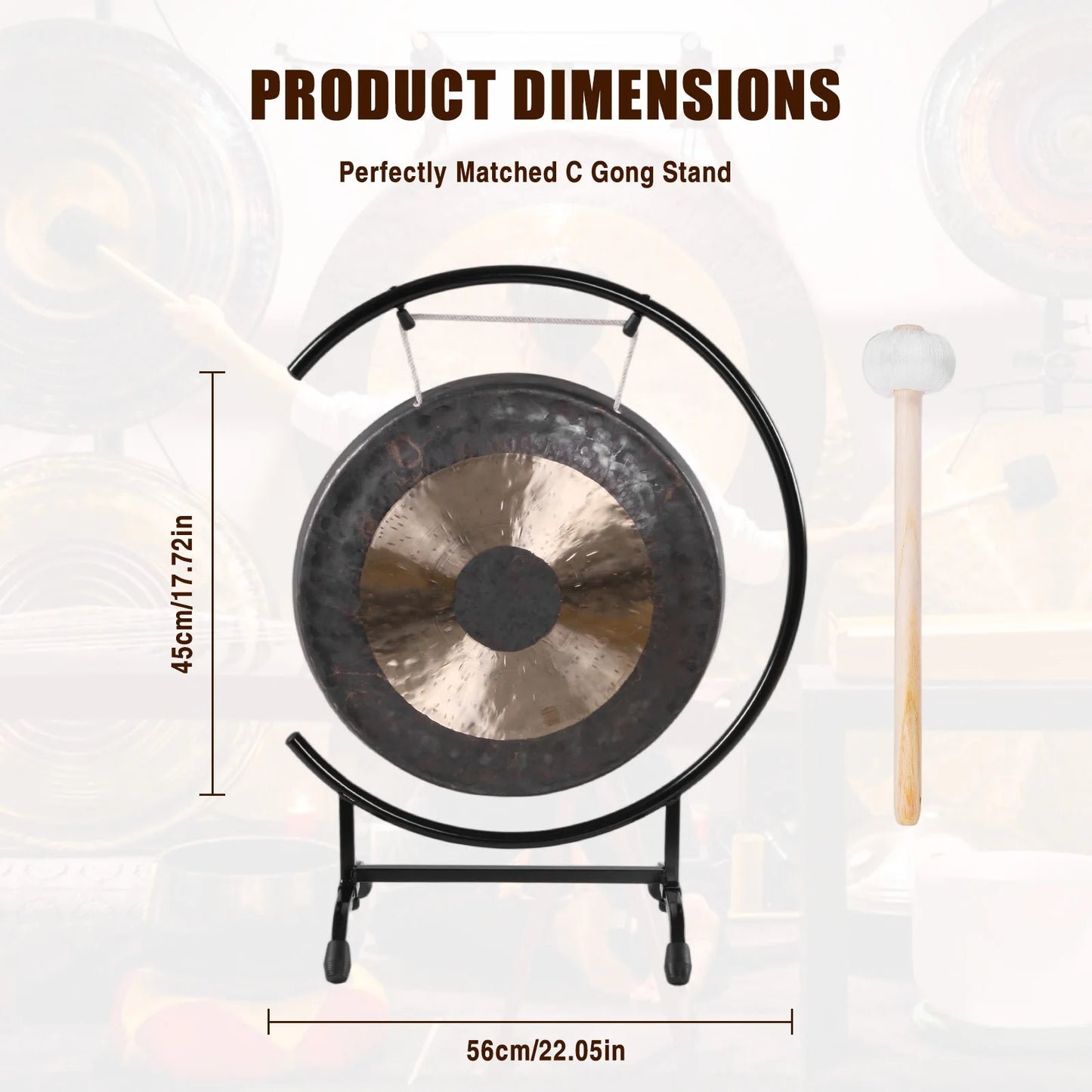 18in Sound Healing Gong on The Seaside C-Stand Traditional Gong with Mallet for Therapy Yoga