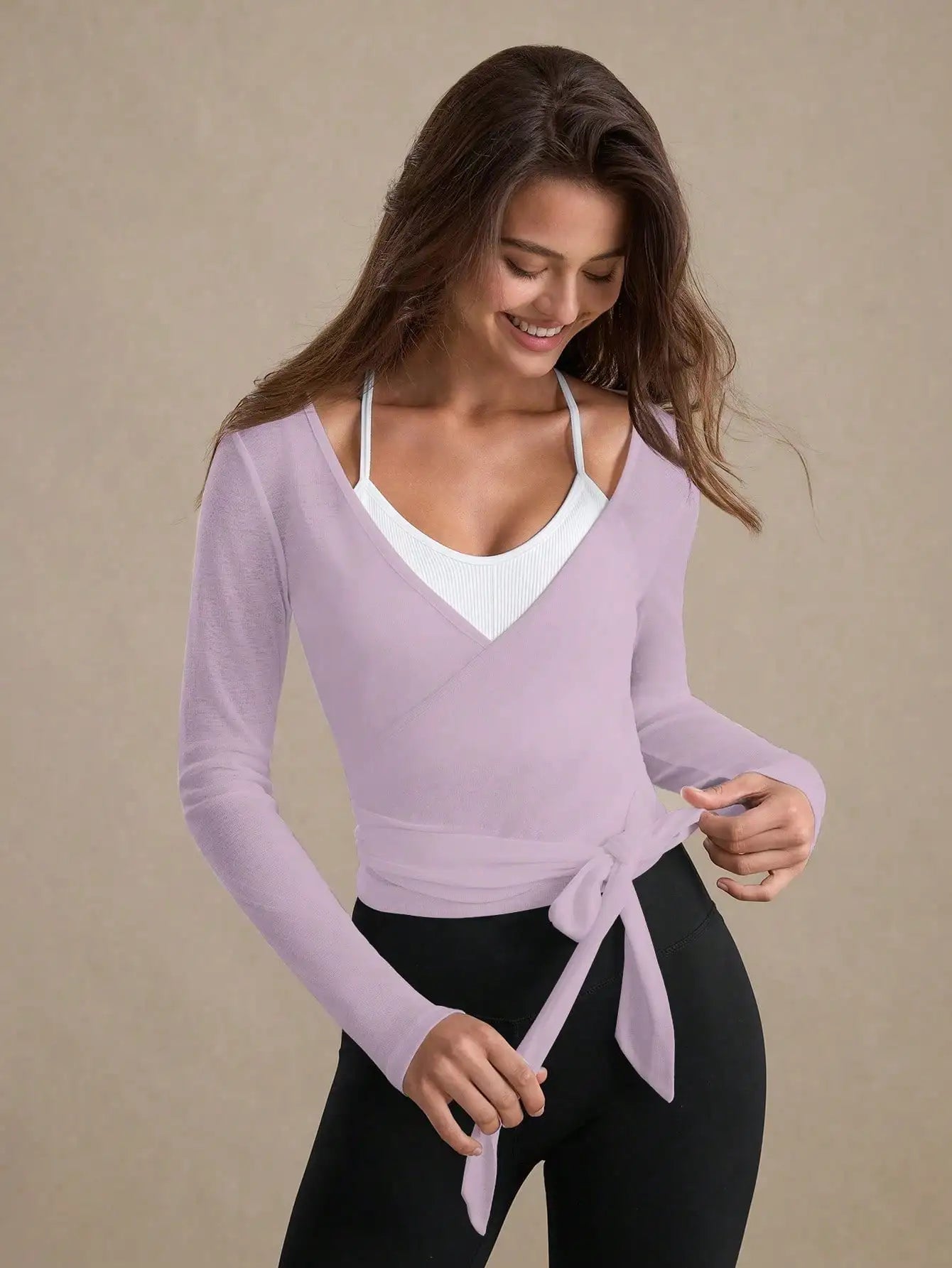 Eassivo Eassivo Women's Casual Lightweight Textured Tie-Front Long Sleeve Sports T-Shirt,