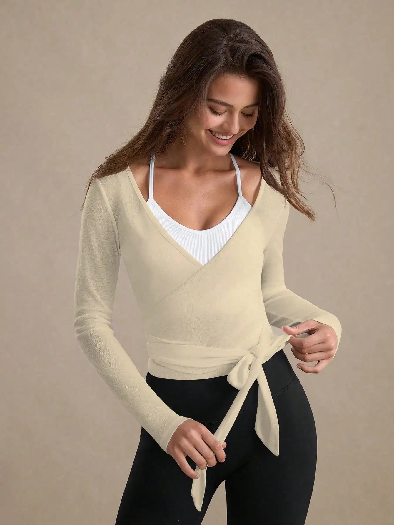 Eassivo Eassivo Women's Casual Lightweight Textured Tie-Front Long Sleeve Sports T-Shirt,