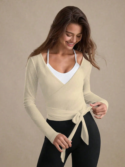 Eassivo Eassivo Women's Casual Lightweight Textured Tie-Front Long Sleeve Sports T-Shirt,