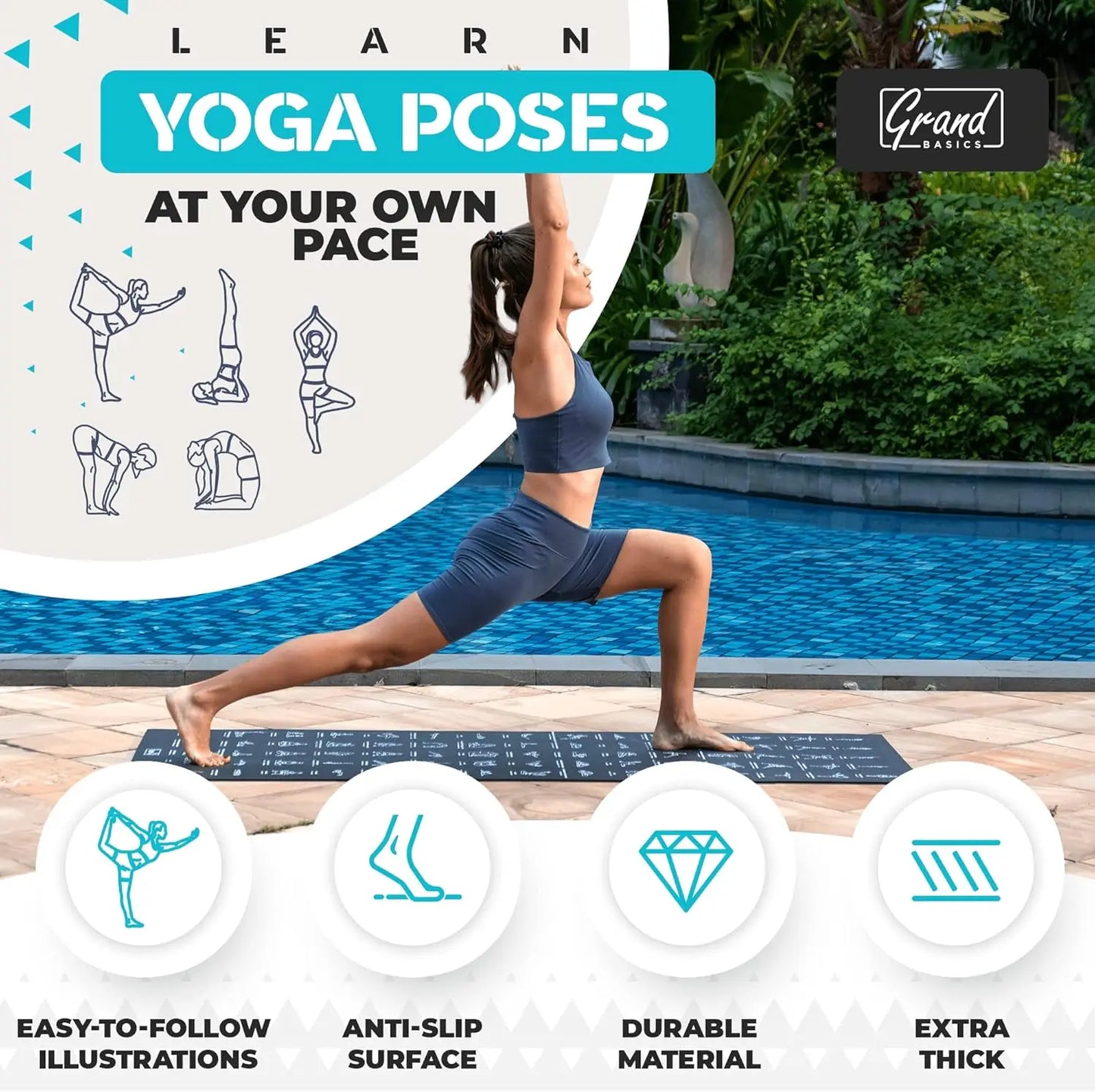Non-Slip, Eco-Friendly Instructional Yoga Mat with Carrying Strap: Illustrated Poses & Exercises,