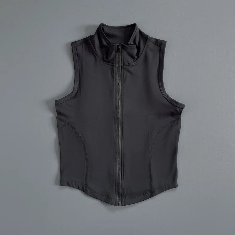 Quick Dry Stand Collar Sleeveless Zipper Sports Crop Top Fitness Vest for Gym Running Exercise