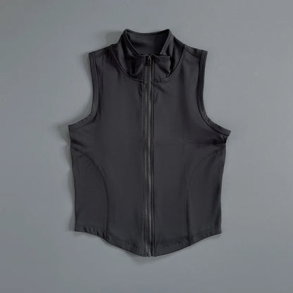 Quick Dry Stand Collar Sleeveless Zipper Sports Crop Top Fitness Vest for Gym Running Exercise