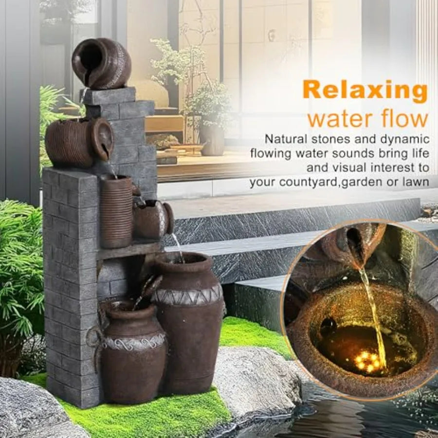 6-Tiers Indoor/Outdoor Water Fountain Cascading Garden Fountains with LED Lights